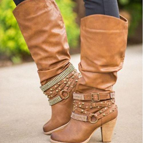 High Heels Thick With Round Head Rhinestone High Boots