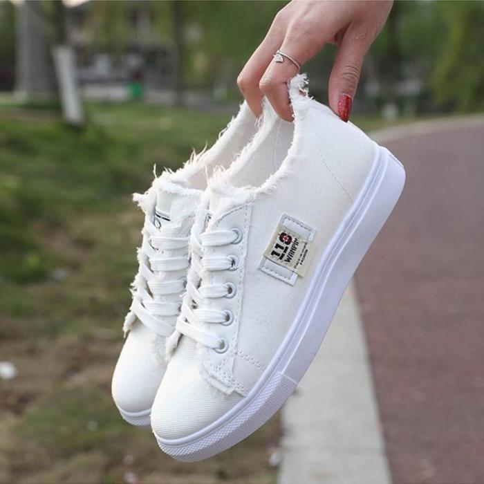 New Spring Ladies Canvas Lace Up Flat Vulcanized Women Fashion Sewing Breathable White Shoes Female Platform Casual Footwear