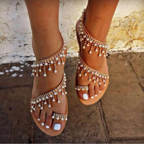 Summer Shoes Women sandals 2021 Pearl Flats gladiator sandals women Fashion String Bead beach sandals sapato feminino