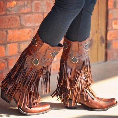 Women Casual Low Heel Tassel Mid-Calf Faux Leather Boots