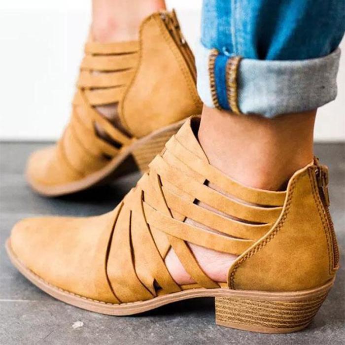 Plus Size Criss-Cross Ankle Heel Booties Hollow-out PU Boots