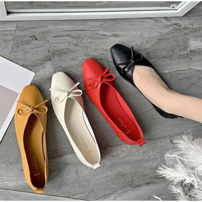 Women PU Leather Bowtie Flat Shoes Casual Loafers Solid Square Toe Female Plats Autumn 2019 Fashion Ladies Comfort Footwear