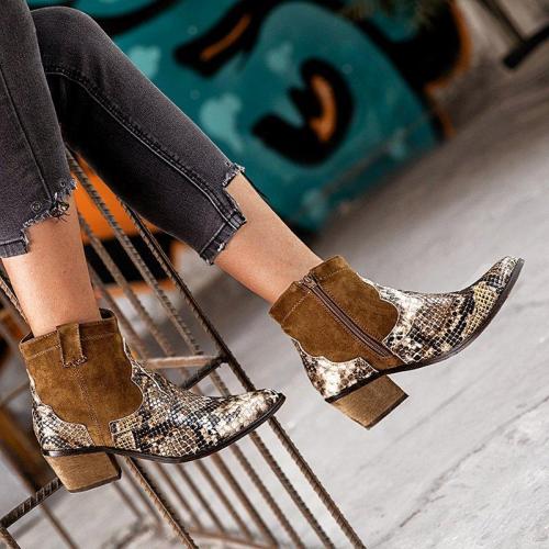 Women Casual  Low Heel Python  Ankle Boots
