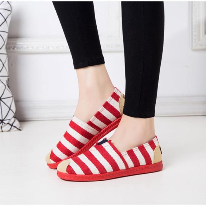 New Woman Canvas Slip On Casual Loafers Striped Flats Spring Ladies Cloth Moccasins Pattern Casual Lazy Shoes Female Fashion