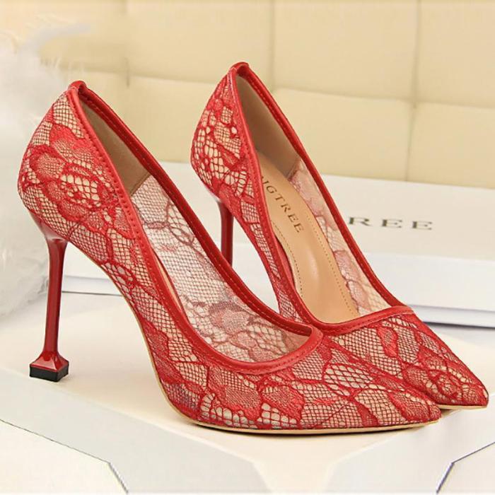 Sexy Lace Hollow Pointed Slim Heel Shoes