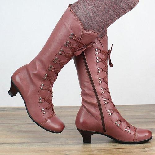 Women Vintage Lace Up Soft Leather Mid-Calf Boots