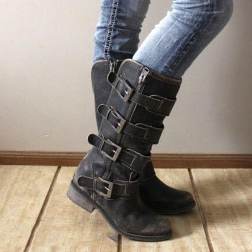 Low Heel Zipper Knee-High Boots Artificial Leather Adjustable Buckle Tall Boots