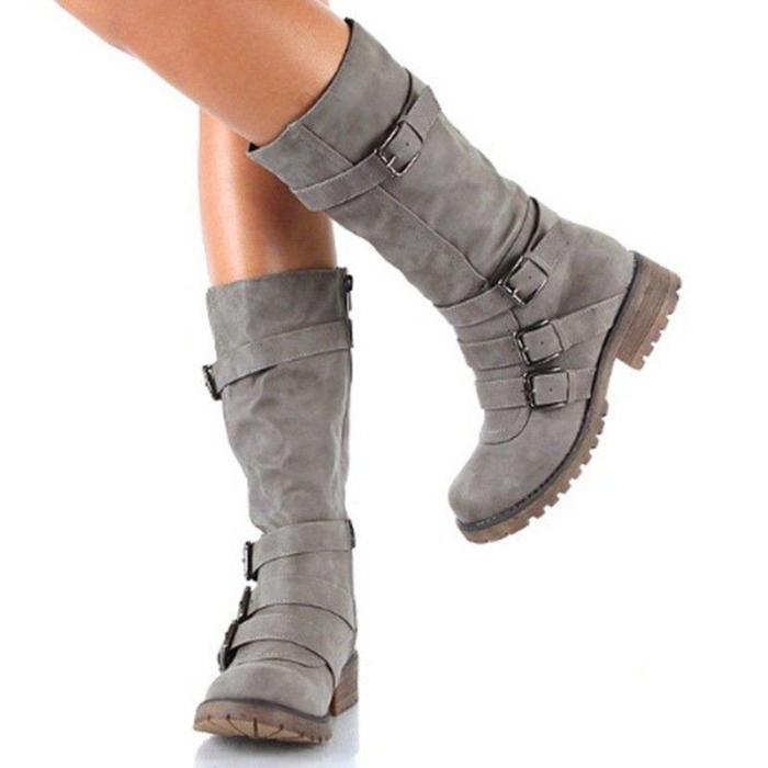Women Adjustable Buckle Comfy Mid-Calf Low Heel Boots