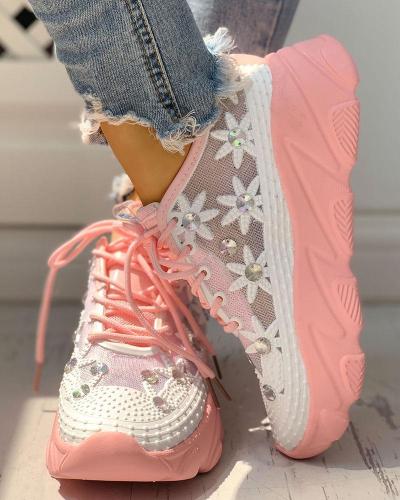 Colorblock Mesh Diamante Trim Lace-Up Sneakers