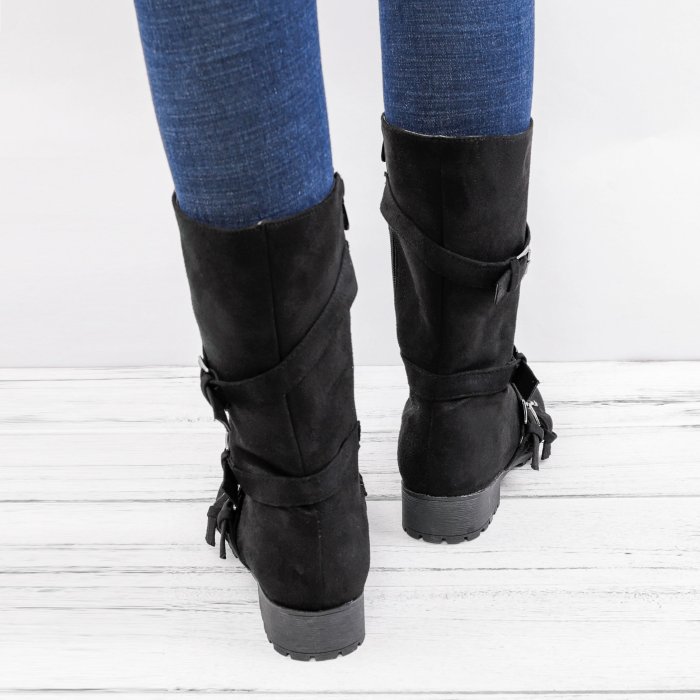 Women Adjustable Buckle Comfy Mid-Calf Low Heel Boots