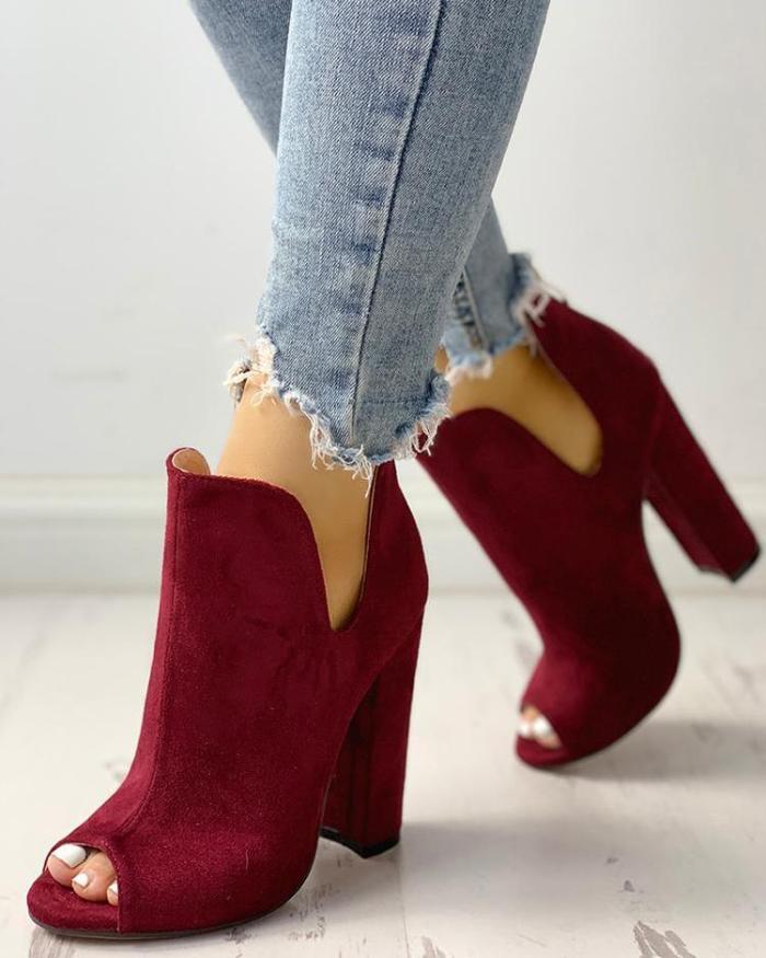 Solid Suede Peep Toe Chunky Heeled Boots