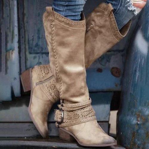 Side Zipper Pointed Toe Chunky Heel Knee Boots