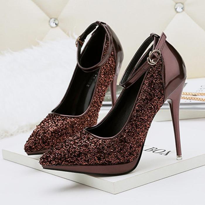 11.5 Cm Sequins Fashion Pointed Toe Slim Heels Shoes