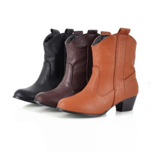 Pu Leather Chunky Heels Short Boots Plus Size Women Shoes 8201