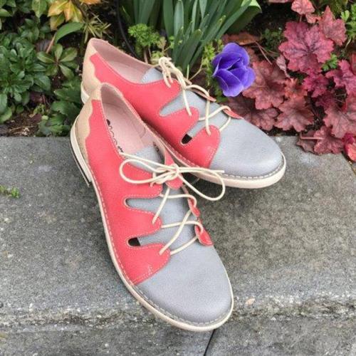 Woman Color Block Split Joint Lace-up Low Heel Sneakers Loafers