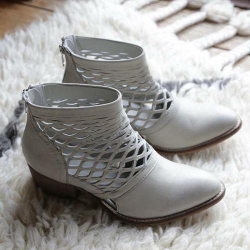 Hollow-Out Chunky Heel Pointed Toe Ankle Boots