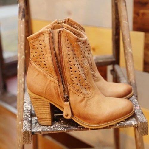 Plus Size Breathable Leather Side Zipper Chunky Heel Ankle Boots