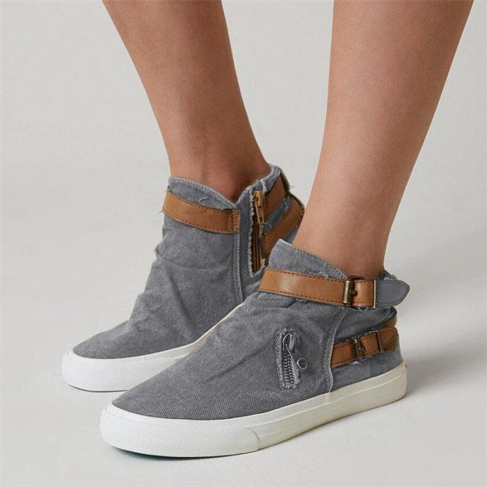 Plus Size Canvas Ankle Boots Flat Heel Buckle Booties with Zipper