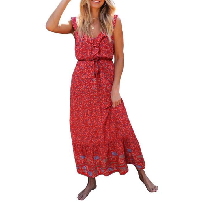Spaghetti Strap Women Maxi Dress Beach Casual Round Neck Ladies Sundress Dresses Fashion Cami Dress Floral Printed Dress D30