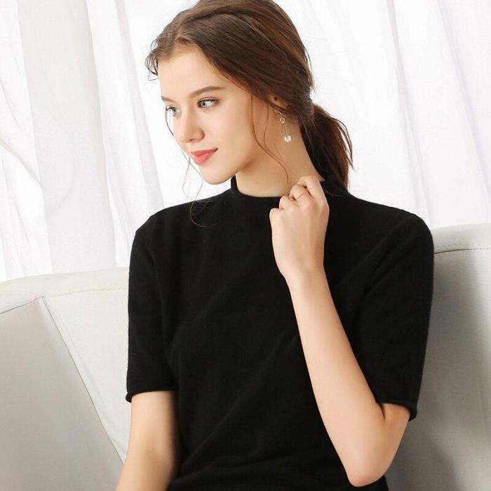 Women sweater half sleeves half turtleneck solid 35% real Cashmere  fashion female pollover female spring autumn clothes crimp