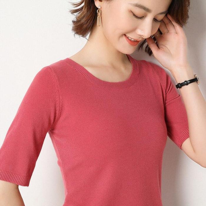 shirt women short sleeves knitting pullover pullover soft spring sweater solid short tops sexy o-neck slim outerwear