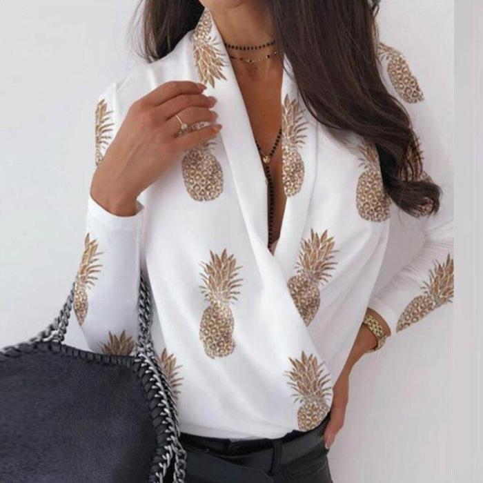 Sexy Deep V-Neck Blouse Print Elegant Office Ladies Pullover Shirt Casual Women Autumn Winter Long Sleeve Tops Blusas Streetwear