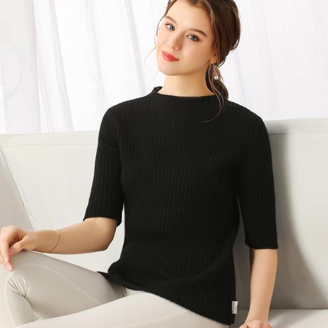 Fashion Women knitting pollover autumn hollow pattern half sleeves O-neck solid 35% real Cashmere sweater ladies Tops