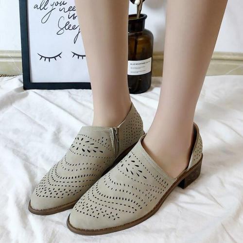 Women Sandals 2021 Hollow Zippers Pointed Toe Low Heel Sandals For Women Breathable PU Leather Sandals Woman