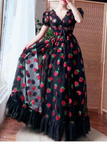 Strawberry Dress Plus Size Women Elegante Long Dresses Black Mesh Sequined Sexy V neck Embroidery Maxi Dress Vestido largo mujer