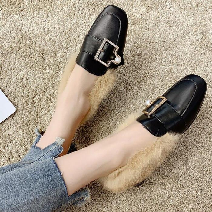 Women Flat shoes Buckle with Fur  Female Loafers with Pearl 2019 Design Light weight Women outdoor shoes comfortable Nonslip