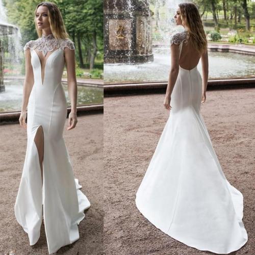 Eightree Front Split 2020 Mermaid Wedding Dresses Plus Size High Neck Beads Satin Bridal Gowns Lace Sweep Train Wedding Dress