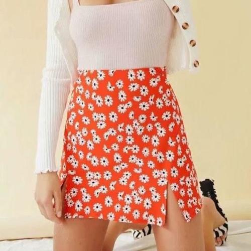Foridol high waist daisy print boho mini slit skirt women chic streetwear orange A-line skirt floral bohemian skirt faldas mujer