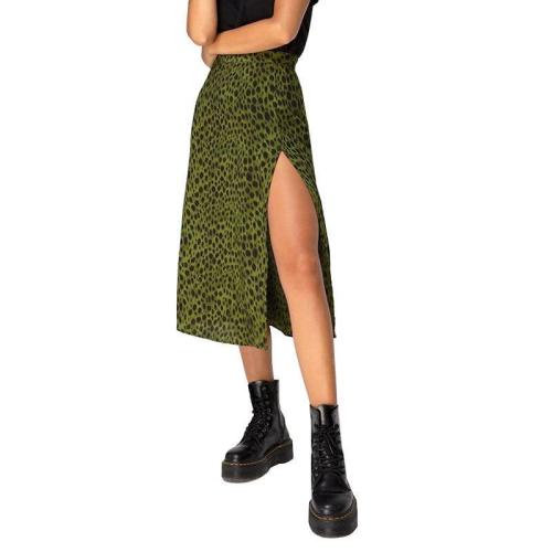 Women Summer Split Leopard Skirts 2020 Green Fashion Long Skirt Sexy Women Streetwear Loose Lady Clothes Black Mid Calf Skirts