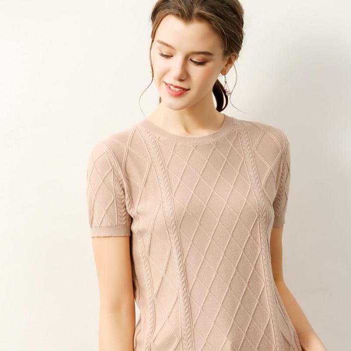 T Shirt Women Tops Short style geometric pattern style shirts Casual female knitting sweater short sleeves Tee