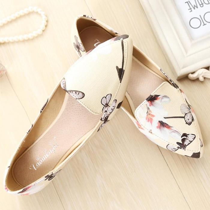 printing flower boat shoes plus size 41-43 shallow patent leather flat shoes with basic pointed toe 2019 Party shoes woman