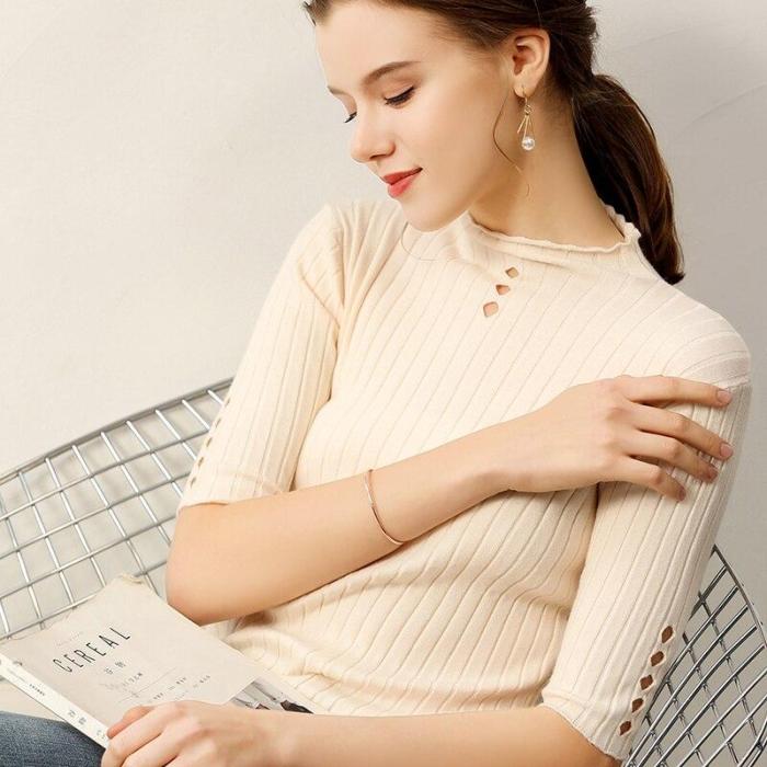 women knit sweater tops half sleeves hollow O-neck autumn female  pollover core yarn high quality ladies soft thin pullovers