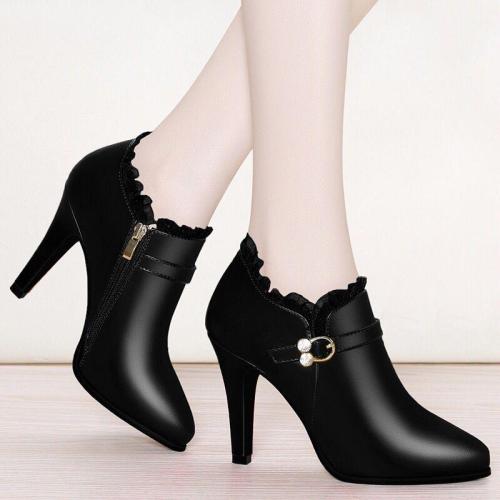 2020 Winter Super High Heels Ankle Boots Women Dress Shoes Lace Pointed Toe Botas Mujer Rhinestone Booties Gladiator Black N7837