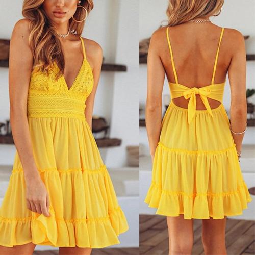 Summer Women Beach Dress Spaghetti Strap Dresses Women Deep V-Neck Solid Color Back Bowknot Beach Sundress