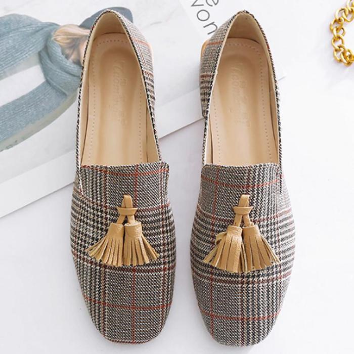 Plaid Fashion Flats shoes women Square Toe Fringes Casual loafers for girls Large size 4-10.5 Comfortable Flat shoes