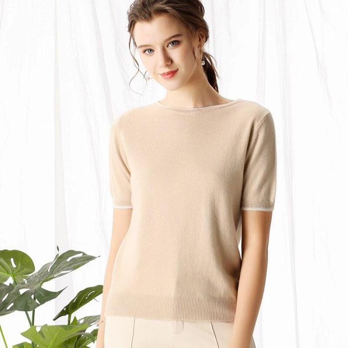 Women summer knitting T-shirts with white edge short sleeves O-neck solid 35% real Cashmere sweater fashion ladies Tops