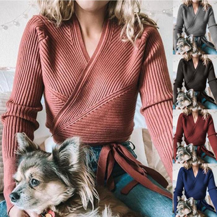 Vintage Sweaters Womens Sexy Deep V Neck Slim Fit Sweaters Pullover Top Fashion Front Cross Lace Up Bandage Knitted Sweater hot
