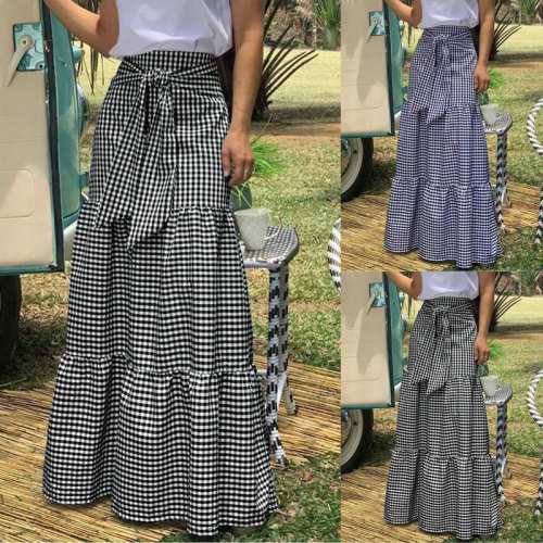 Celmia Fashion Skirts 2020 Women Vintage Plaid Check Long Skirts High Waist Casual Loose Belted Pleated Maxi Skirts Plus Size