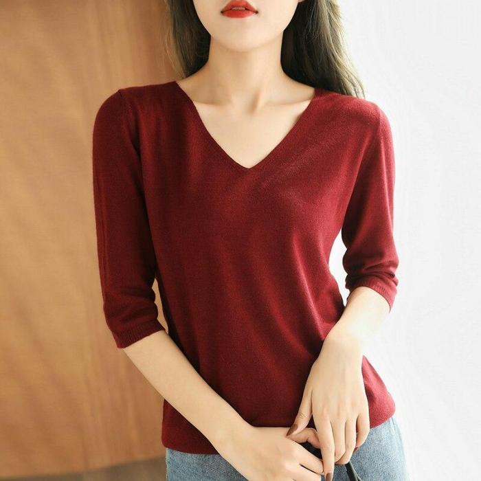 women  shirt short sleeves wool pullover short jacket V-neck soft spring autumn tops fashion knitwear