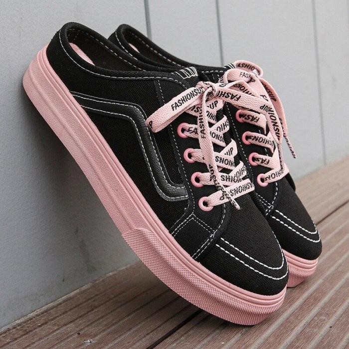 ELGEER Canvas Shoes Women 2020 Spring and Aummer Women's Lace-up Casual Shoes Without Heel Half Support One Pedal Lazy Shoes