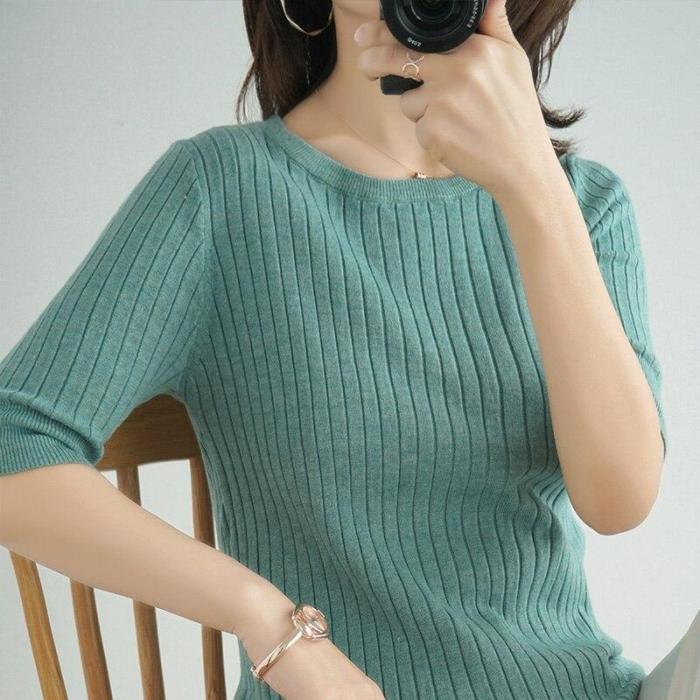women tops spring halfsleeves knitting shirt round neck soft warm basicshirt short fashion pullover striped thin jacket