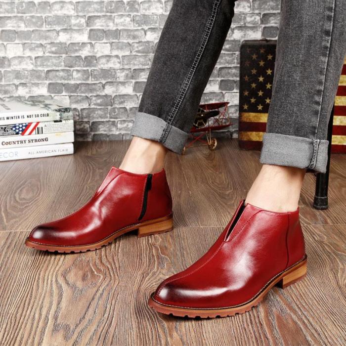 Basic Black Mid-boots Fashion velvet Increase Lace-up and Zip Ankle Mens Pointed Toe Dress Oxfords Shoes Men Dress Leather Boots
