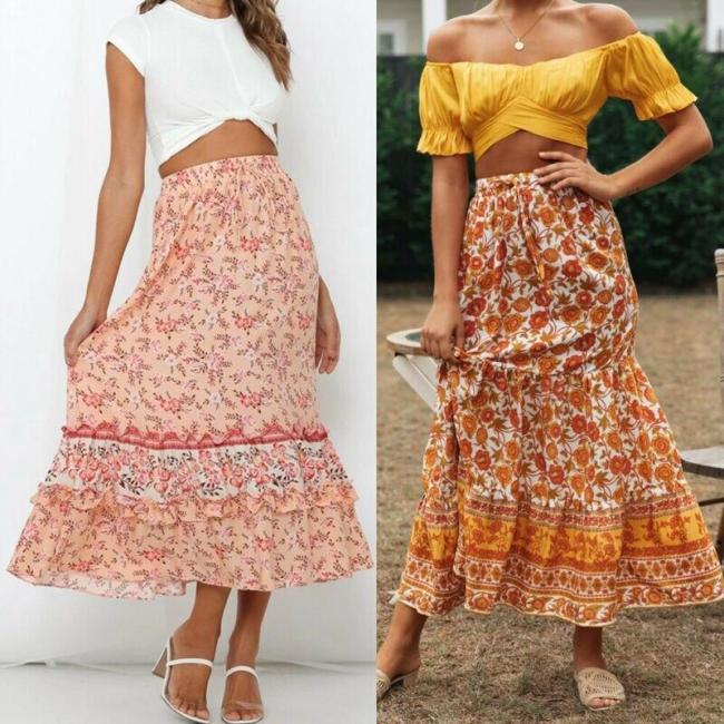 Women Boho Pleated Retro Elastic High Waist Evening Party Floral Printed Fashion Holiday Skirt Sundress