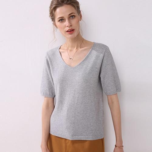 autumn women T-Shirts short sleeves V-neck summer short casual solid fashion female knitting sweater tops tees