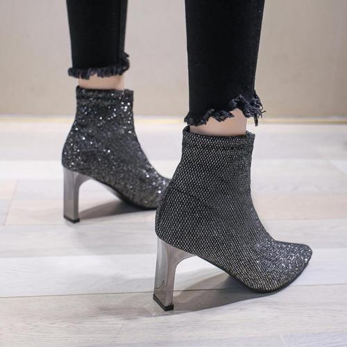 Plus Size High Heels Boots Bling Dresss Shoes Woman Ankle Boots Silver Heeled Pointed Toe Ladies Office Shoes botas mujer N7848