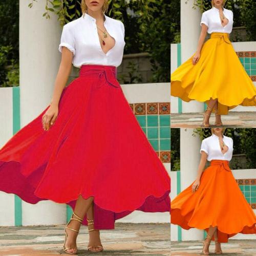 S-2XL Women High Waist Flared Pleated Long Gypsy Bandage Solid color Fashion Lovely Maxi Skirt Full Length